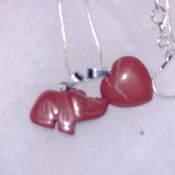 Boho Hippie Red Jasper Heart ❤️ and Elephant 🐘 24” Silver Necklace - Picture 6 of 6
